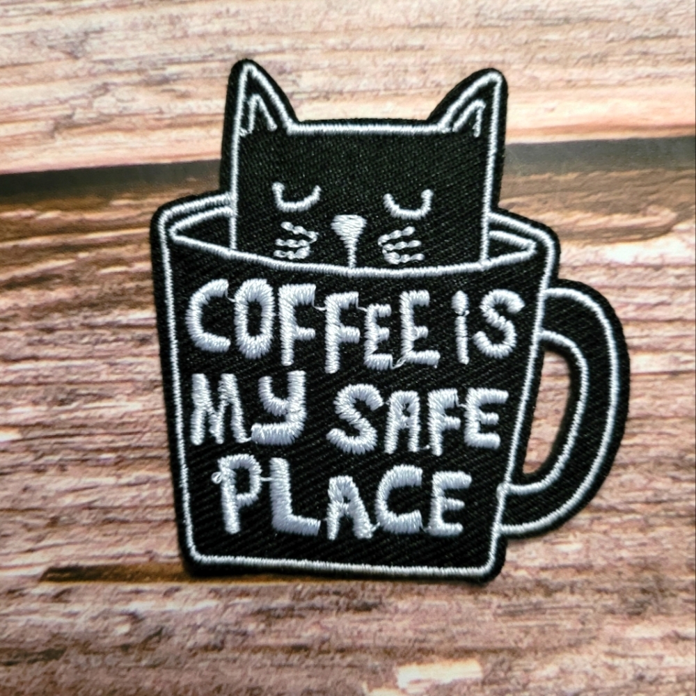 3/13$  Coffee Is My Safe Place Cat In A Cup Y2k Embroidered Iron on Patch